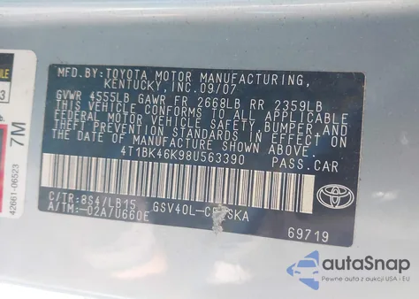 2008 Toyota Camry Se V6 из США, поврежденный, VIN 4T1BK46K98U563390